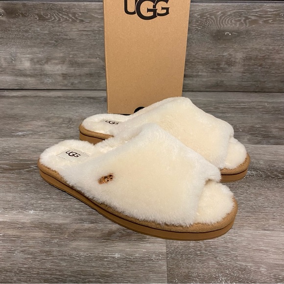 UGG Shoes - UGG | Annia Peep Toe Sheepskin Slide Slippers Chestnut Cream NEW